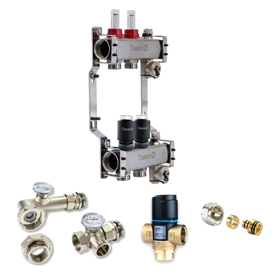 Колектор для теплої підлоги TERVIX на 2 контури з клапаном ATM Afriso, змішувальним вузлом та приводами 521102
