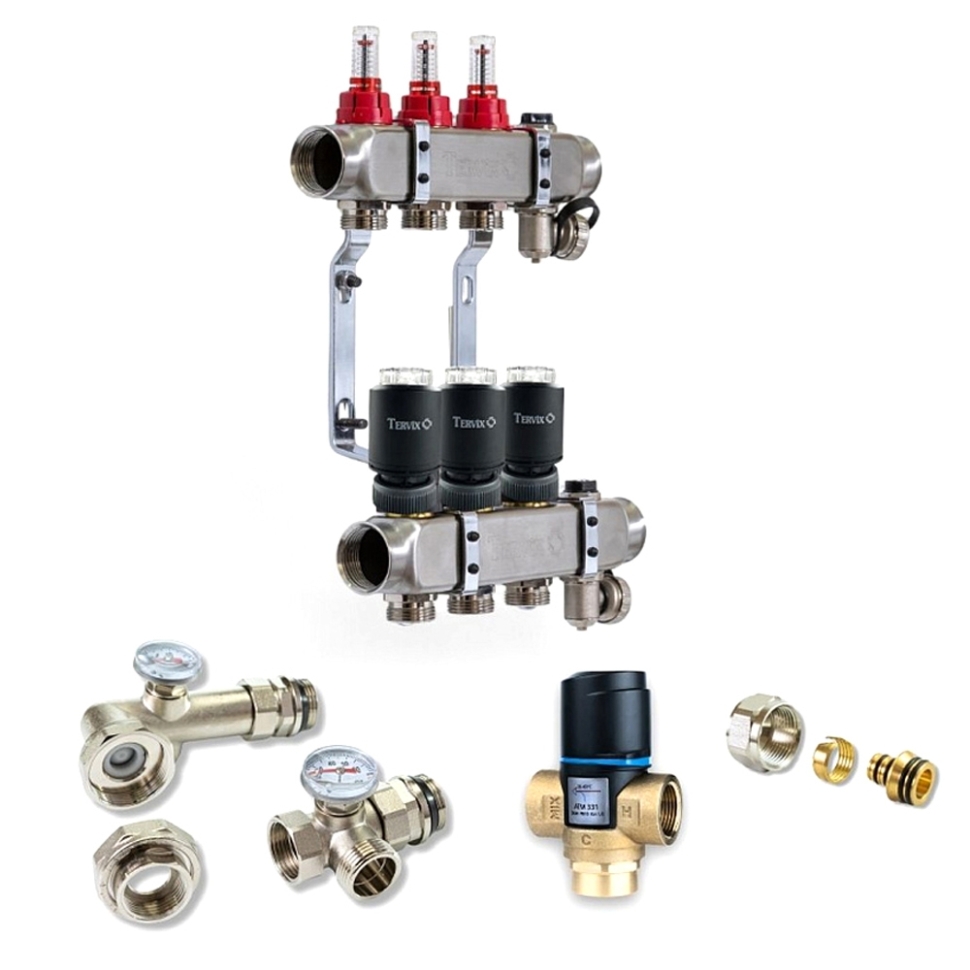 Колектор для теплої підлоги TERVIX на 3 контури з клапаном ATM Afriso, змішувальним вузлом та приводами 521103