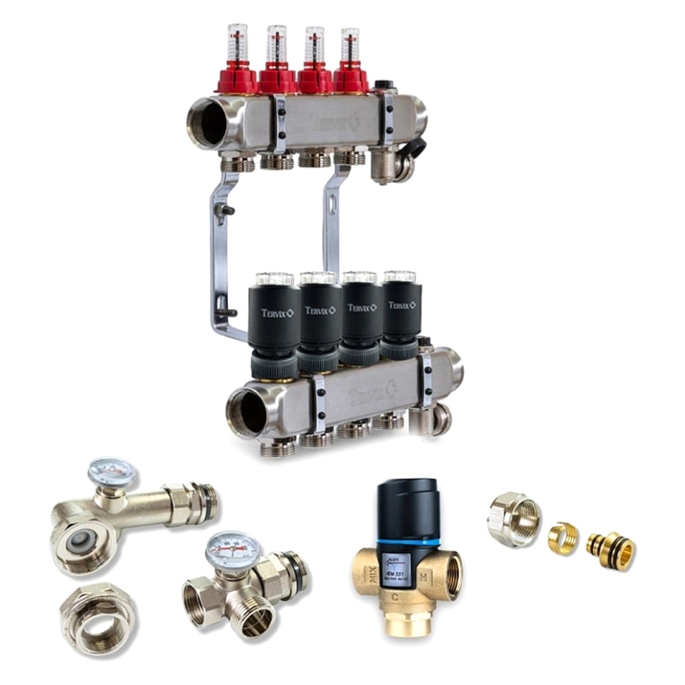 Колектор для теплої підлоги TERVIX на 4 контури з клапаном ATM Afriso, змішувальним вузлом та приводами 521104