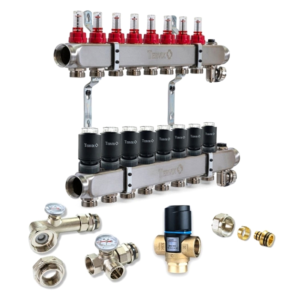 Колектор для теплої підлоги TERVIX на 8 контурів з клапаном ATM Afriso, змішувальним вузлом та приводами 521108