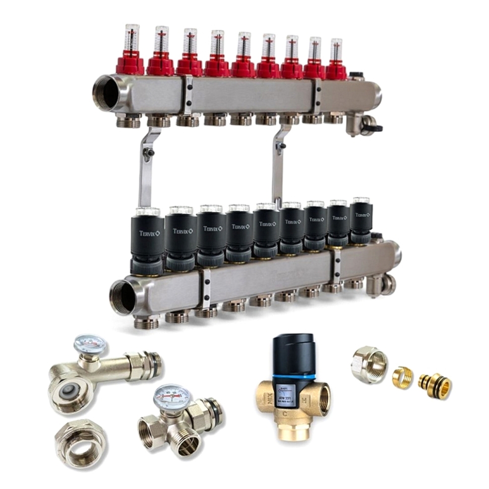 Колектор для теплої підлоги TERVIX на 9 контурів з клапаном ATM Afriso, змішувальним вузлом та приводами 521109