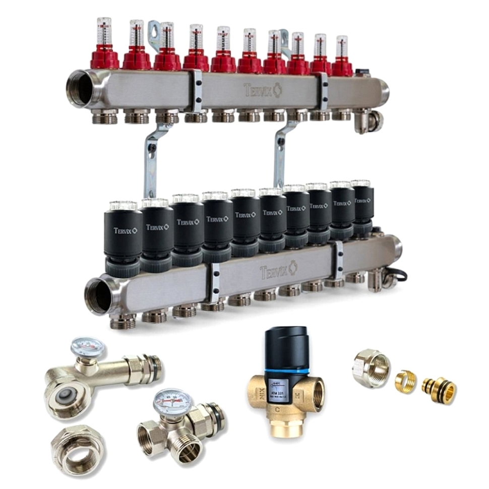 Колектор для теплої підлоги TERVIX на 10 контурів з клапаном ATM Afriso, змішувальним вузлом та приводами 521110