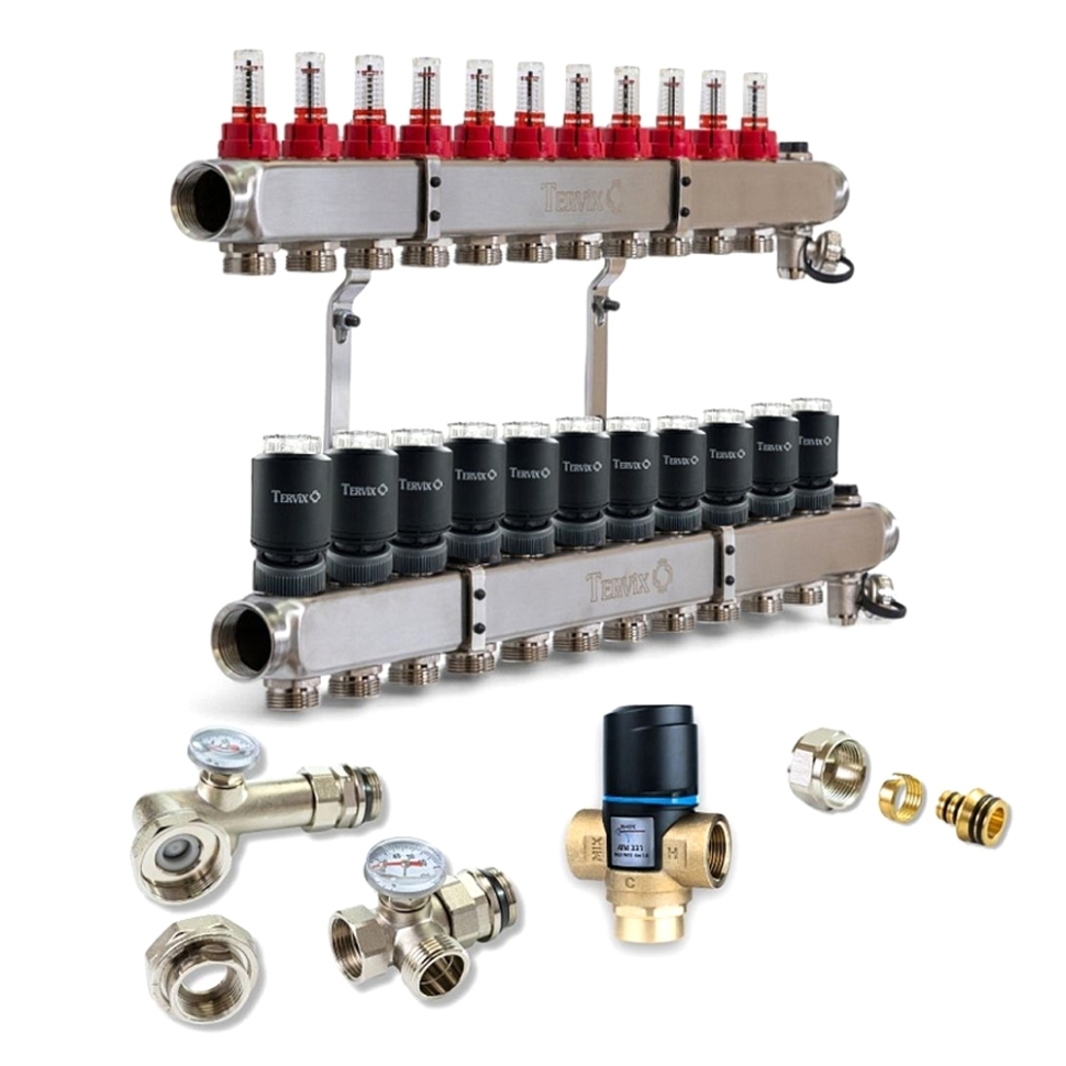 Колектор для теплої підлоги TERVIX на 11 контурів з клапаном ATM Afriso, змішувальним вузлом та приводами 521111
