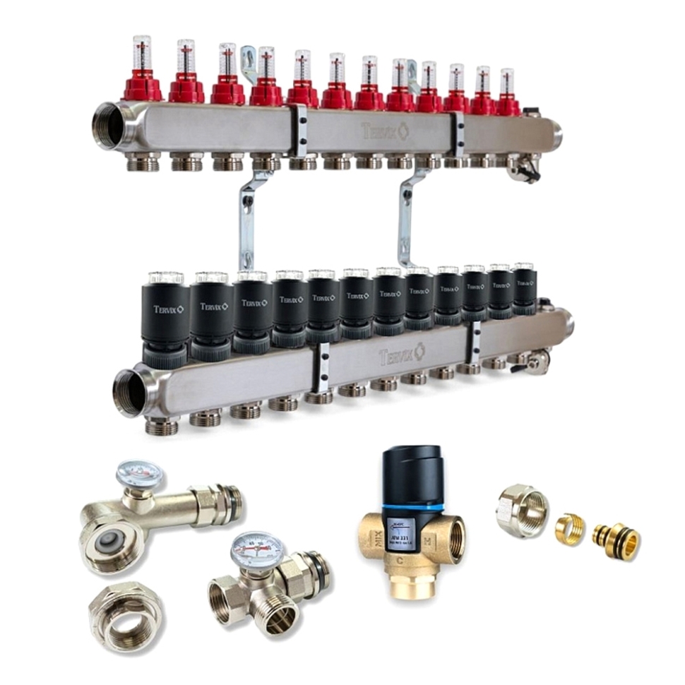 Колектор для теплої підлоги TERVIX на 12 контурів з клапаном ATM Afriso, змішувальним вузлом та приводами 521112
