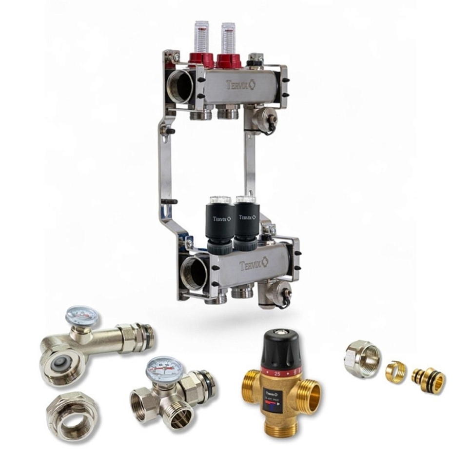 Колектор для теплої підлоги TERVIX на 2 контури з клапаном TMV, змішувальним вузлом та приводами 522102