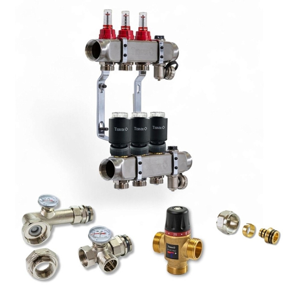 Колектор для теплої підлоги TERVIX на 3 контури з клапаном TMV, змішувальним вузлом та приводами 522103