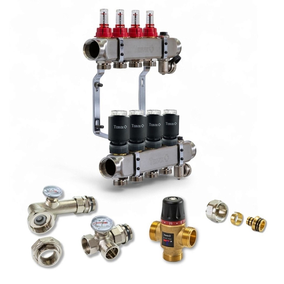  Колектор для теплої підлоги TERVIX на 4 контури з клапаном TMV, змішувальним вузлом та приводами 522104