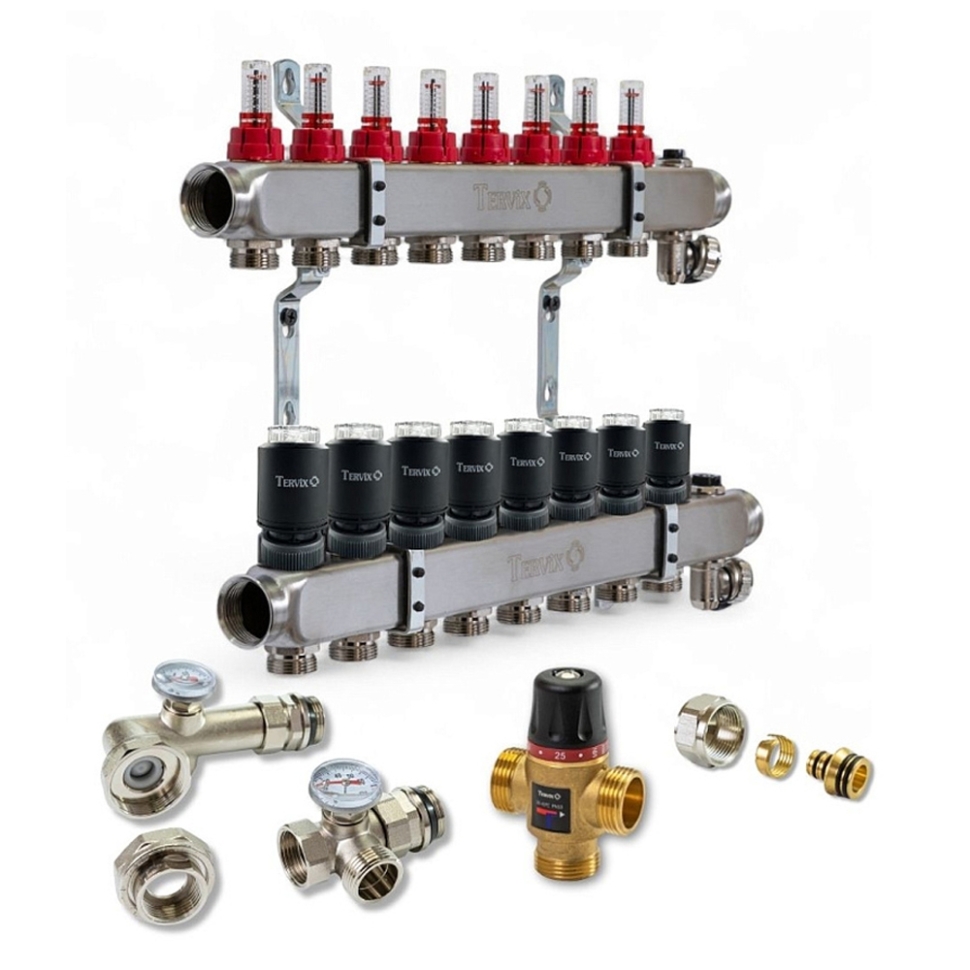 Колектор для теплої підлоги TERVIX на 8 контурів з клапаном TMV, змішувальним вузлом та приводами 522108