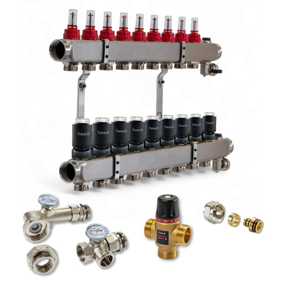 Колектор для теплої підлоги TERVIX на 9 контурів з клапаном TMV, змішувальним вузлом та приводами 522109