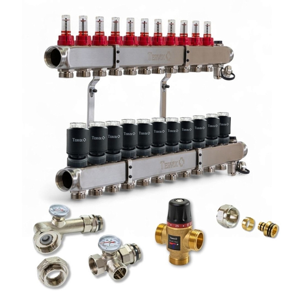Колектор для теплої підлоги TERVIX на 11 контурів з клапаном TMV, змішувальним вузлом та приводами 522111