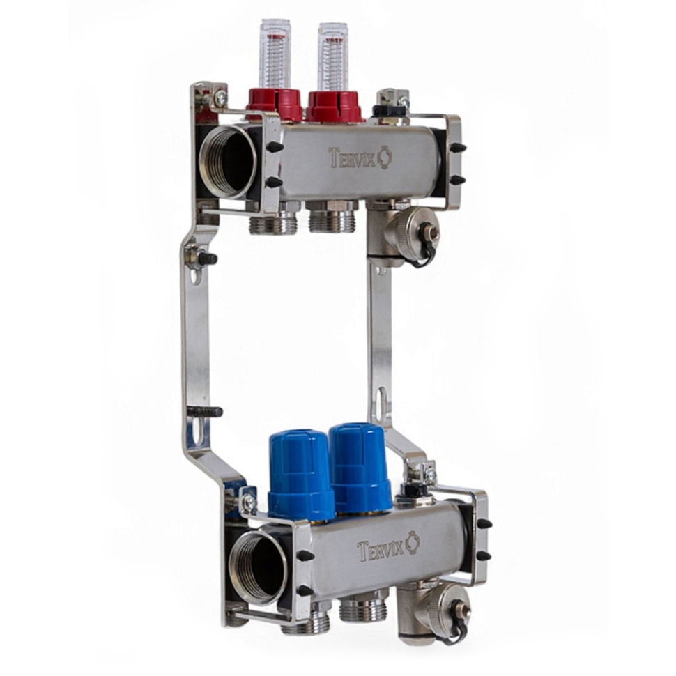 Колектор TERVIX Pro Line на 2 контури, з витратомірами, краном Маєвського та зливним краном 501202