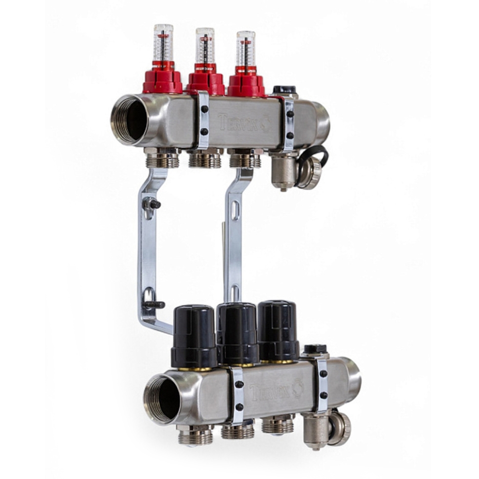Колектор TERVIX Pro Line на 3 контури, з витратомірами, ккраном Маєвського та зливним краном 501203