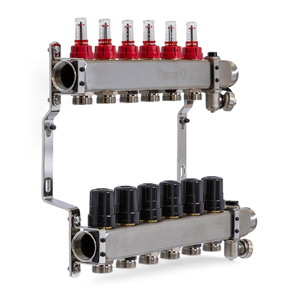 Колектор TERVIX Pro Line на 6 контурів, з витратомірами, краном Маєвського та зливним краном 501206