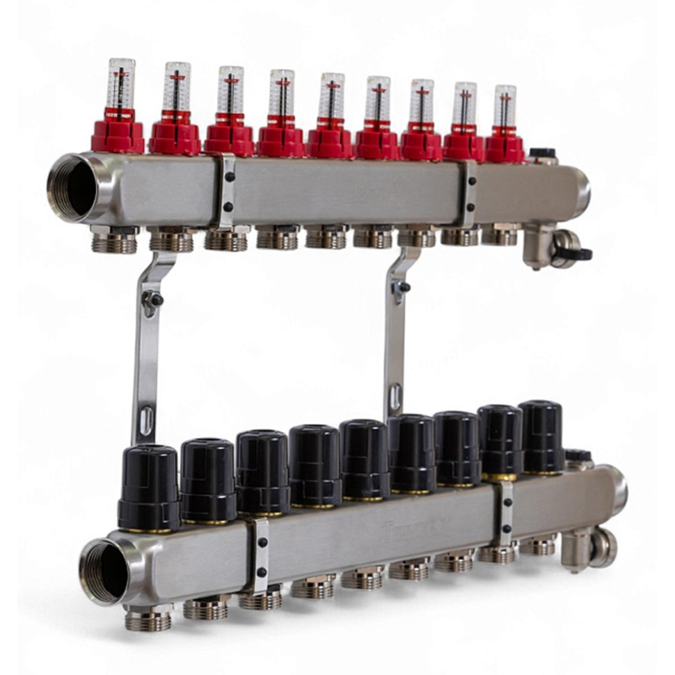 Колектор TERVIX Pro Line на 9 контурів, з витратомірами, краном Маєвського та зливним краном 501209