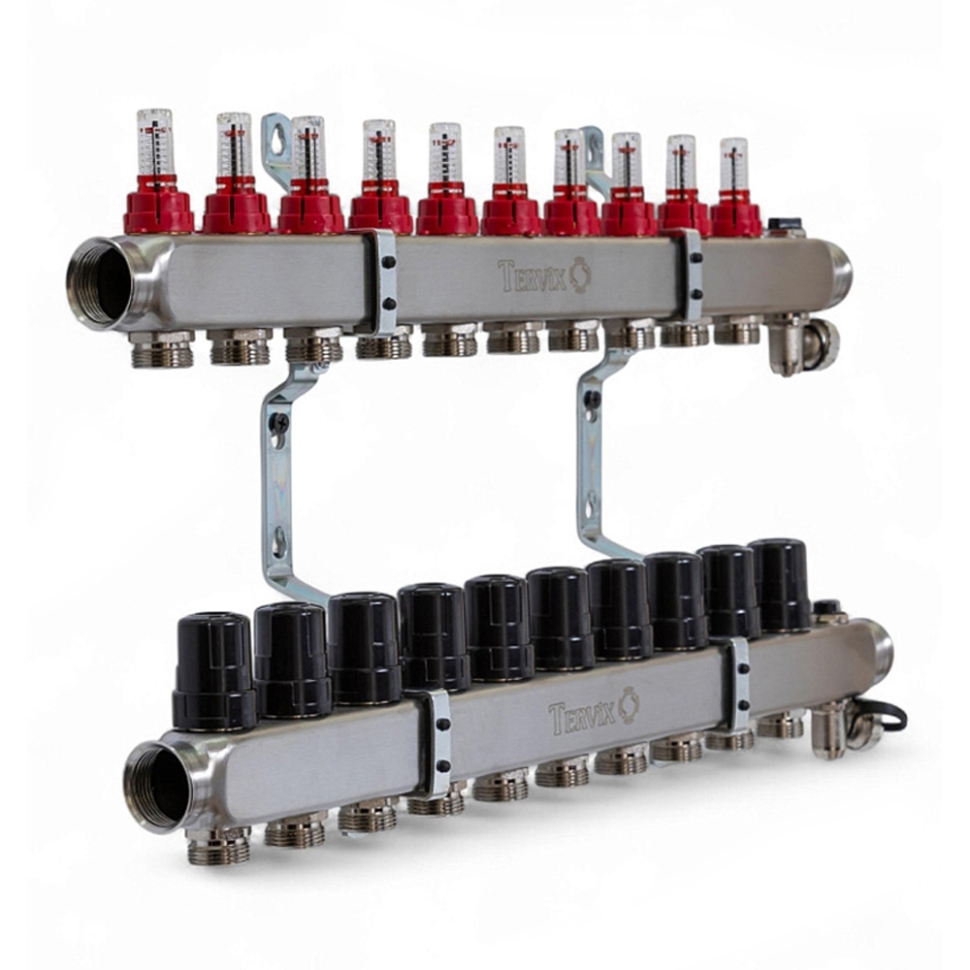 Колектор TERVIX Pro Line на 10 контурів, з витратомірами, краном Маєвського та зливним краном 501210