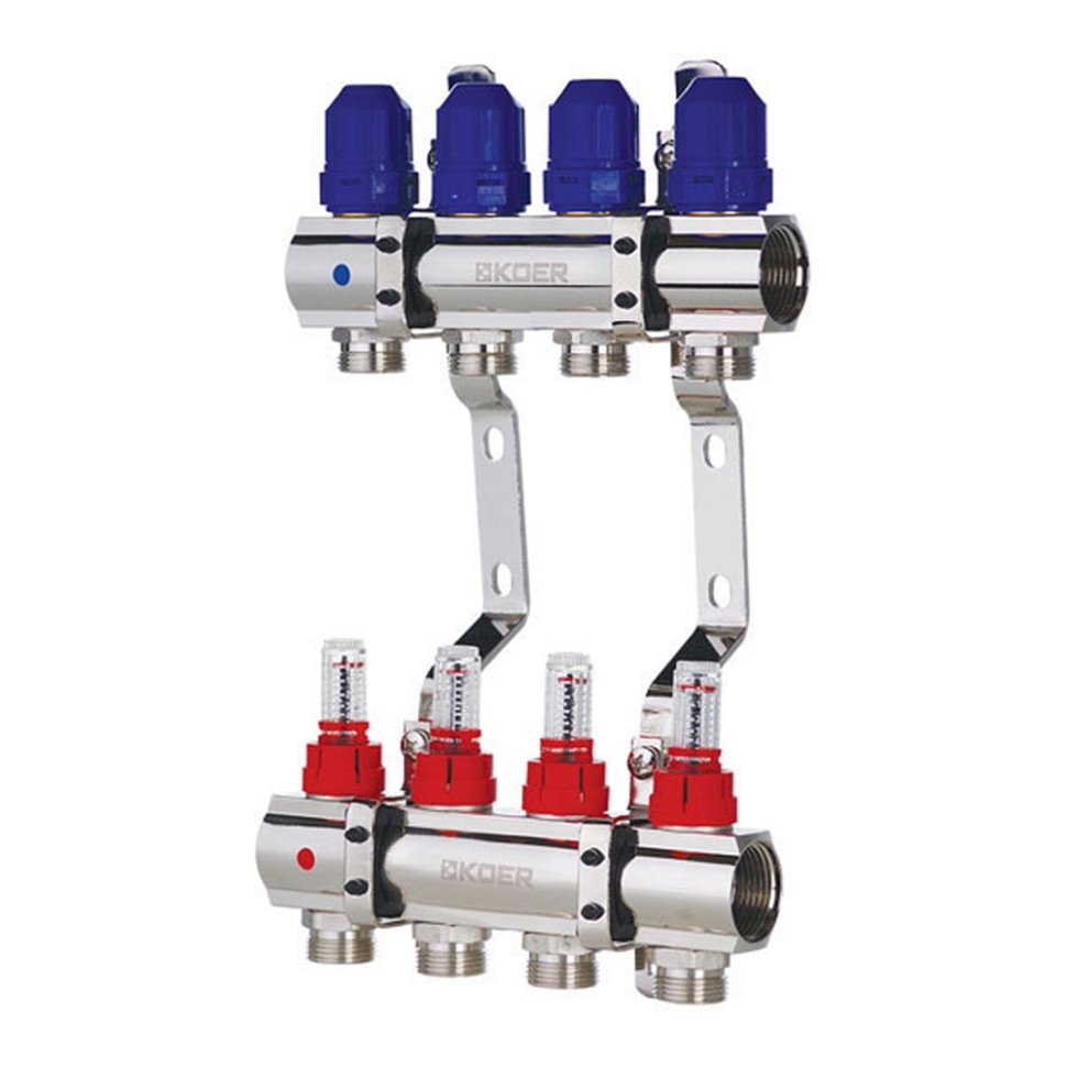 Колектор із витратомірами KOER KR.1110-04 - 1”x4 WAYS без євроконусів