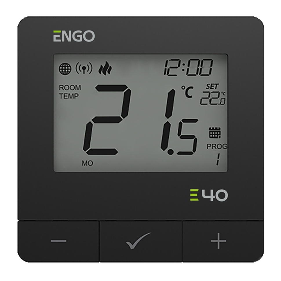 Програмований інтернет терморегулятор ENGO E40-230B три варіанти підключення: 2 бездротових ZigBee+868 МГц і дротовий COM-NO, живлення  230 В, чорний